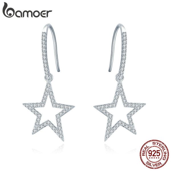 

bamoer classic 100% 925 sterling silver shining star drop earrings for women clear cubic zircon sterling silver jewelry sce434