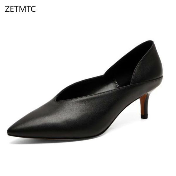 

pumps shoes woman high heel 5cm genuine leather pointed toe slip-on shoes female office career lady black loafers fashion new