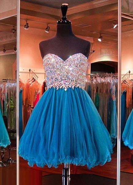

a line teal blue sweetheart strapless mini length crystal lace up back homecoming dresses with beaded bodice prom dresses, Black
