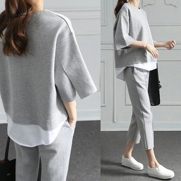 

autumn cotton 2019 casual o neck fake two pieces 3 4 length pants two piece sets loose sleeve suits, White