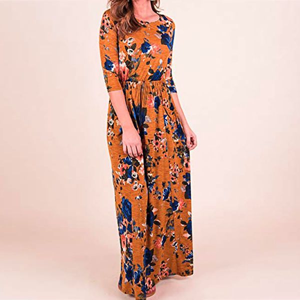 

2018 fashion summer dress female women print three quarter sleeve high waist boho long maxi dresses with pocket robe vestidos, Black;gray