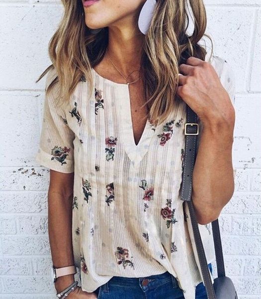 

women summer short sleeve flower casual chiffon shirt blouses v neck seller new ladies clothing blouse