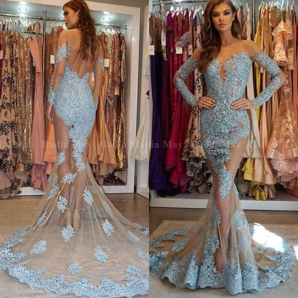 

сексуальная иллюзия синие кружевные русалка пром платья длинные рукава аппликация бисером вечернее платье 2020 see through backless партии g, Black