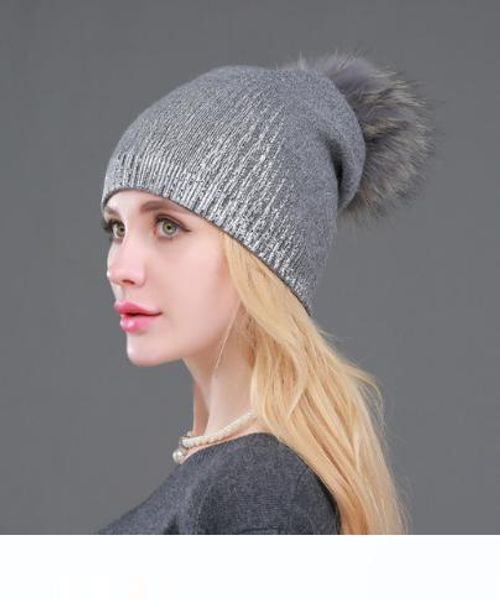 

новая повседневный зима skullies шапочка вязаная шерсть теплых шляпы мода pom pom real raccoon fur caps skullies hat для женщин печати папах, Blue;gray