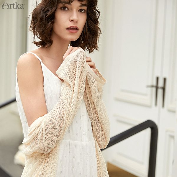 

artka 2019 summer elegant solid color knit cardigan fashion hollow breathable thin open stitch coat for women wb10291x, Black;brown