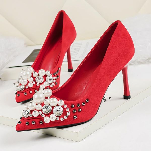 

8.5cm pumps 2020 fashion pointed shallow rhinestone high heels nightclub was thin women's shoes pearl wild women's shoes, Black