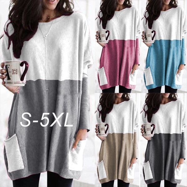 

2019 round collar long sleeve stitching casual pocket women's clothing 2019 round collar long t-shirt sleeve stitching casual pocket t, White