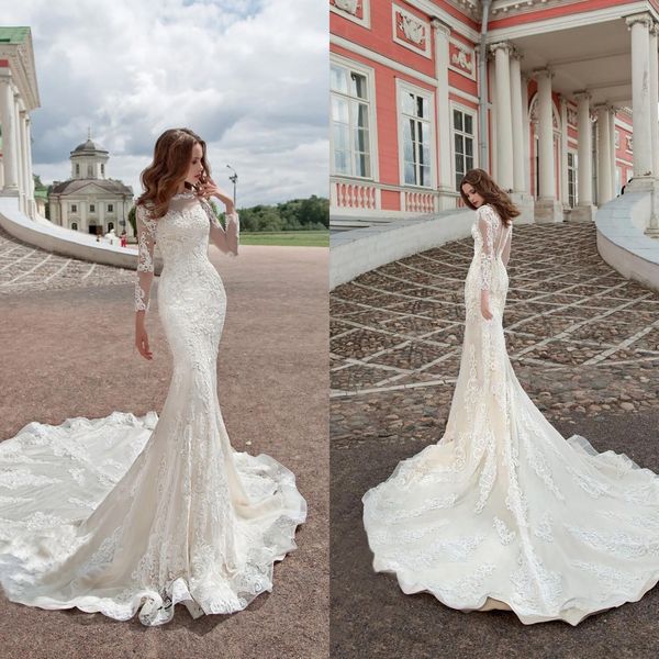 

2020 mermaid wedding dresses jewel long sleeves lace appliques bridal gowns button back sweep train wedding dress robe de mariee, White