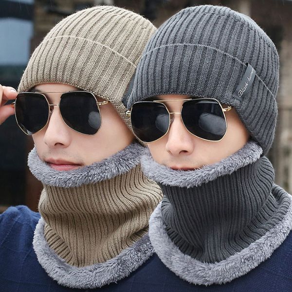 

beanie hat knitted scarf 2pcs warm with set men's cap winter