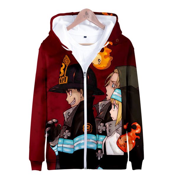 

fire force print zipper hoodie men/women winter fashion casual harajuku soft hooded sweatshirt sale, Black