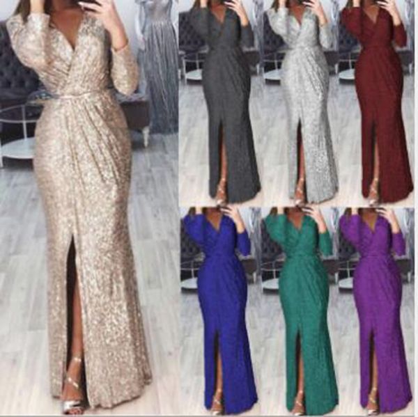 

wholesale women's bag hip slit slit collar bright sparkling dress skirt dinner dress long skirt, Black;gray