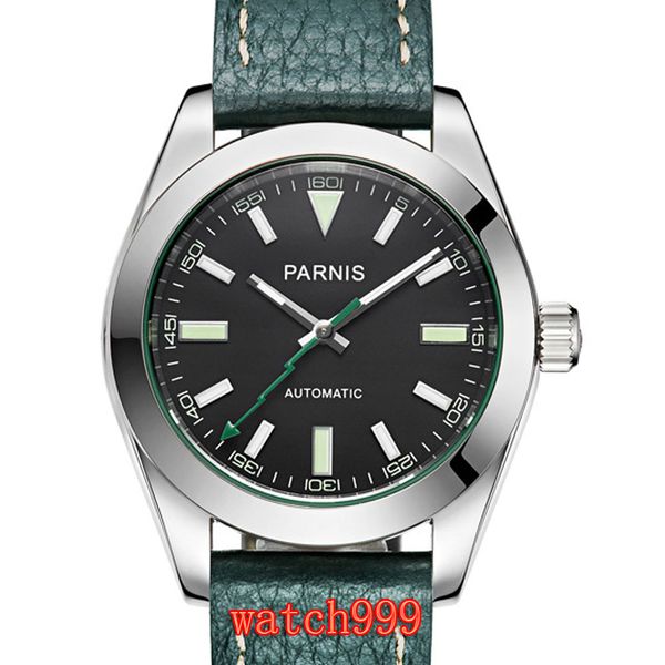 

40 mm black dial green pointer sapphire crystal trendy man watches green leather strap man automatic mechanical watches, Slivery;brown