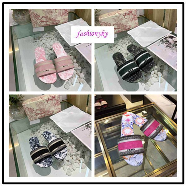 

original box new dazzle flowers women sandals designer slippers embroidery sandal floral brocade slipper striped beach causal slippers, Black