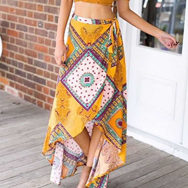 

summer skirt high waist chiffon ankle-length print chiffon women high-waisted boho hem tie up print wrap skirt, Black