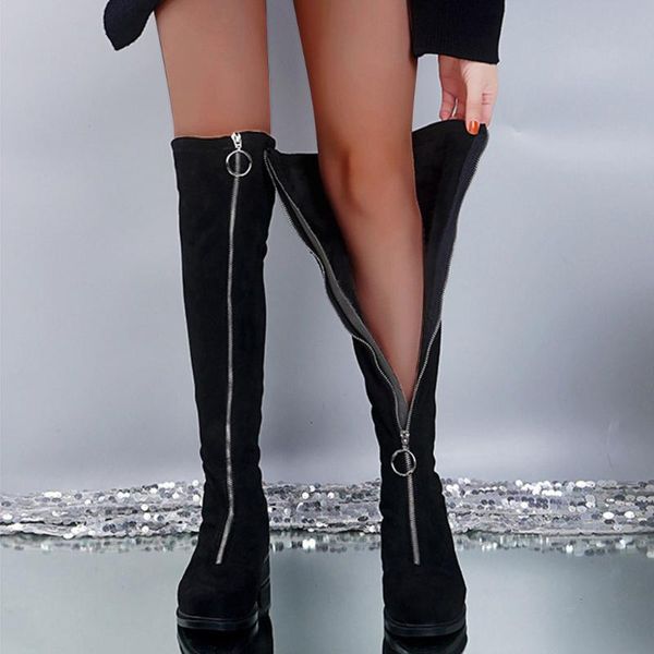 

2019 new ring front zipper women over the knee boots stretch suede high heels autumn woman shoes winter women boots size 35-41, Black
