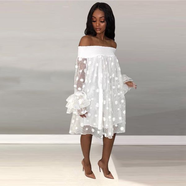 

women off the shoulder long ruffle sleeve mesh dot printed see through dress party club street wear, Black;gray