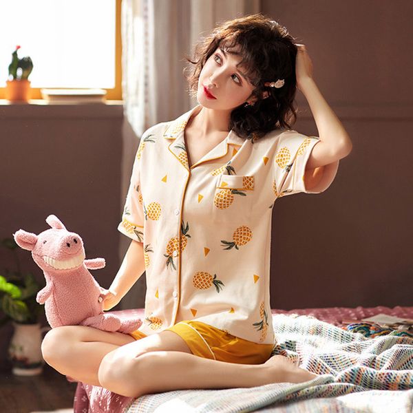 

summer new loose women pajamas set cartoon print sleepwear short sleeve + shorts elastic waist pyjamas home wear suit pijama, Black;red