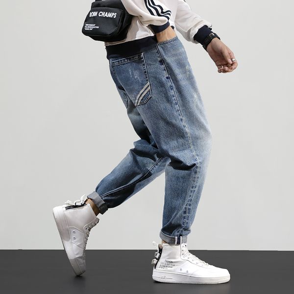 

fashion streetwear men jeans retro blue loose fit stripe designer harem pants big size 28-42 vintage designer hip hop jeans men
