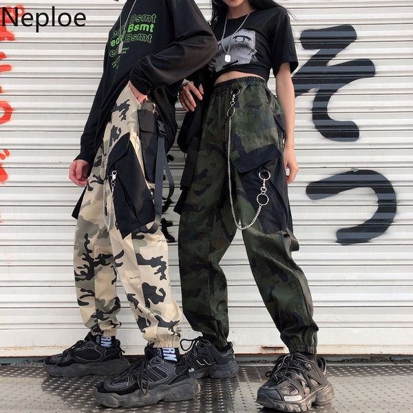 

neploe hip hop cargo pants harajuku bf camouflage stretch waist pockets trousers casual chain beam feet female pants 80600, Black;white