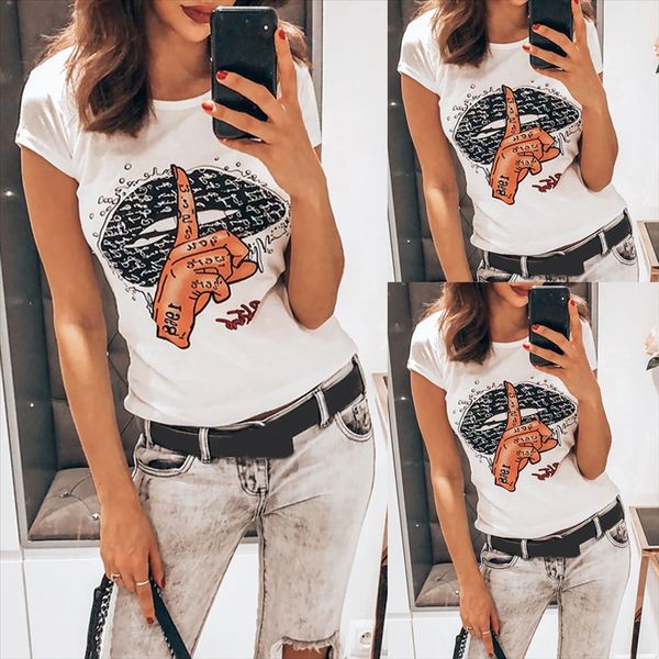 

2020 simple all-match white printing slim shoulder short sleeve t-shirt women's wear 2020 simple all-match white printing slim shoulder