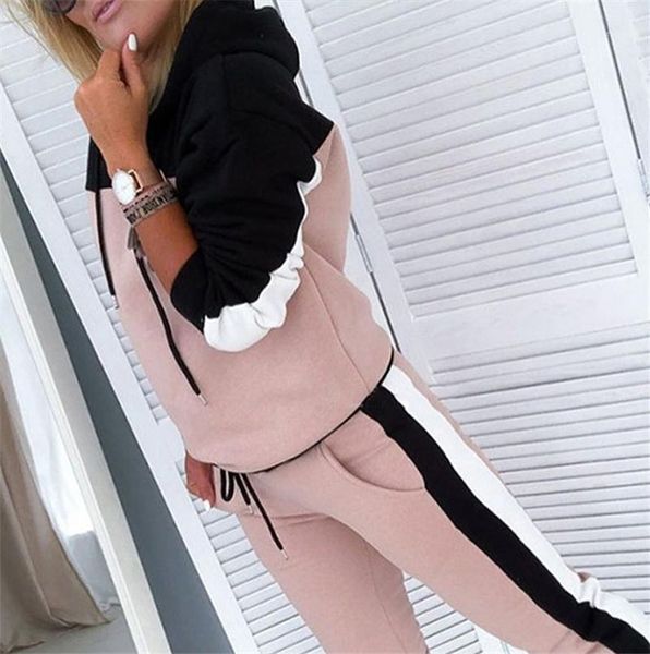 

спортивные костюмы полосатый пэчворк с капюшоном активные женские 2шт брюки повседневные женские 2шт наборы весна женщины дизайнер, Gray