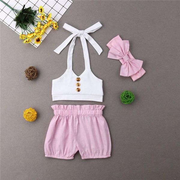 

children girl summer camisole button suspenders pink shorts bow headwear, White