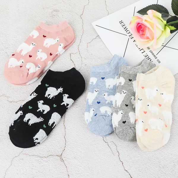 

new cute animal cotton sock female kawaii alpaca printed summer short socks slippers women casual soft funny boat socks, Black;white