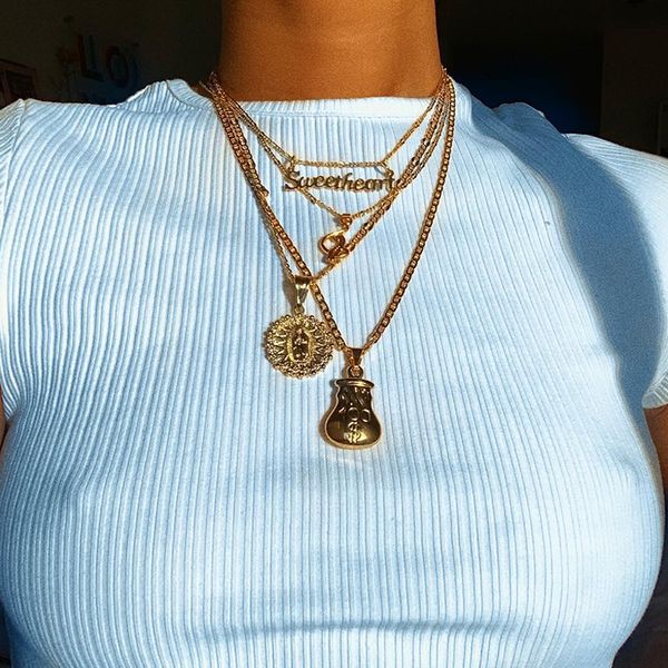 

vintage women necklaces english monkey madonna sun pouch pendant multilayer gold necklace set clavicle chain jewelry wear, Silver