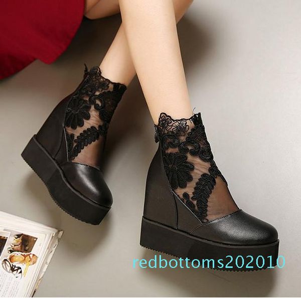 

buld silk lace white silver wedge sandals high platform heels invisible height increased peep toe women shoes 2 colors size 35 to 39 r10, Black