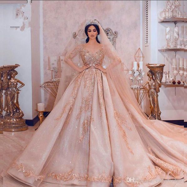 

2020 vintage lace appliqued ball gown wedding dresses long sleeves saudi arabic dubai plus size brida gown vestidos de novia