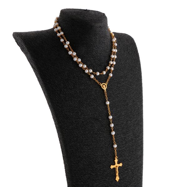 

women hip 8mm bead rosary pray hand jesus inri cross pendant necklace, Silver