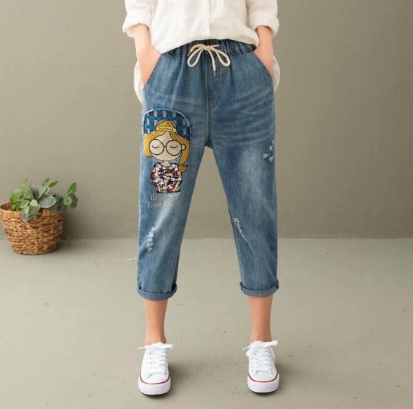 

2020 spring ripped cartoon patchwork embroidery jeans women elastic waist loose denim haren pants female vintage jeans r309, Blue
