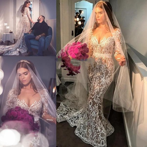 

2019 plus size mermaid wedding dresses long sleeve illusion vestido de novia with lace appliques sweep train arabic beach wedding gowns, White