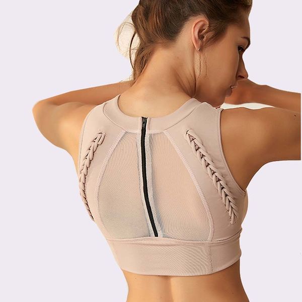 

women zip back sport yoga bra mesh strappy sports bra running fitness gym workout yoga crop push up underwear, White;black