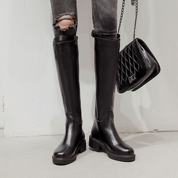 

knee high zipper winter boots women knight straight long boots square heels buckle belt designer women black leather shoes