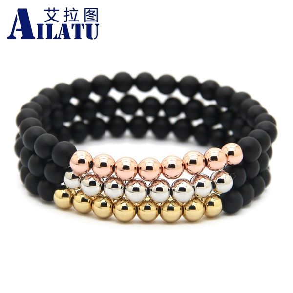 

ailatu wholesale 10pcs/lot 6mm natural matte onyx stone beads jewelry with round plated brass beaded men bracelet, Golden;silver
