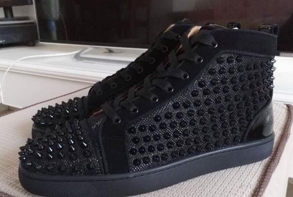 

fashion black spikes hi sneakers red bottom shoes women,men trainers black canvas lace-up spikes red sole luxury part 36-47