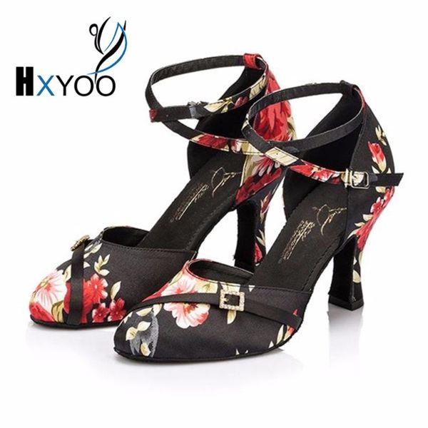 

hxyoo woman latin dance shoes salsa dance shoes ballroom ladies black satin print flowers customized soft sole jyg432