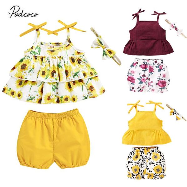 

2020 summer 3pcs suit set for kids girls 0-4y toddler kid baby girl clothes sunflower sleeveless strappy pants+bow headband, White