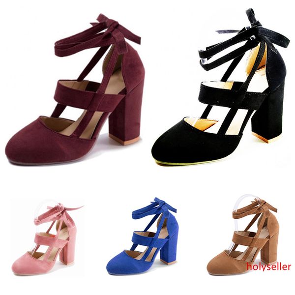 

2020 whole sale women high heel suede ankle strap with thick heels black red brown blue size 35-40