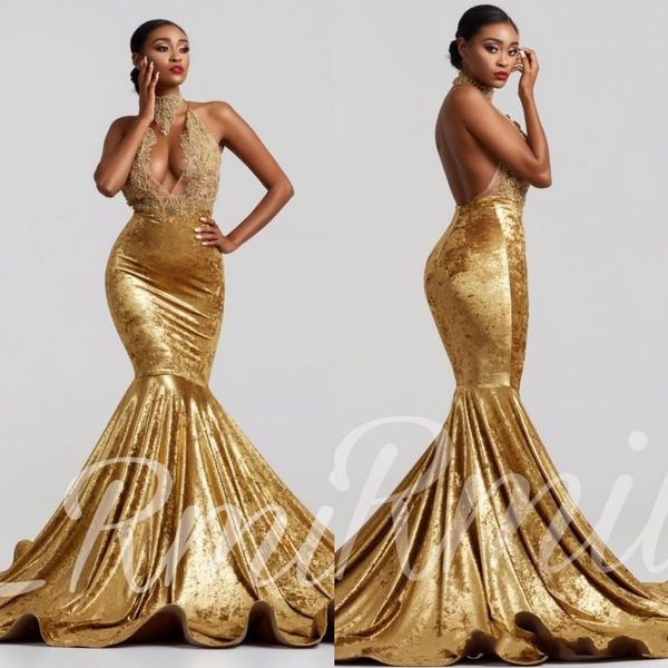 2.020 Ouro Velvet Mermaid Prom Vestidos Keyhole Pescoço Backless Tribunal Trem ver através Lace Applique vestidos de noite formais