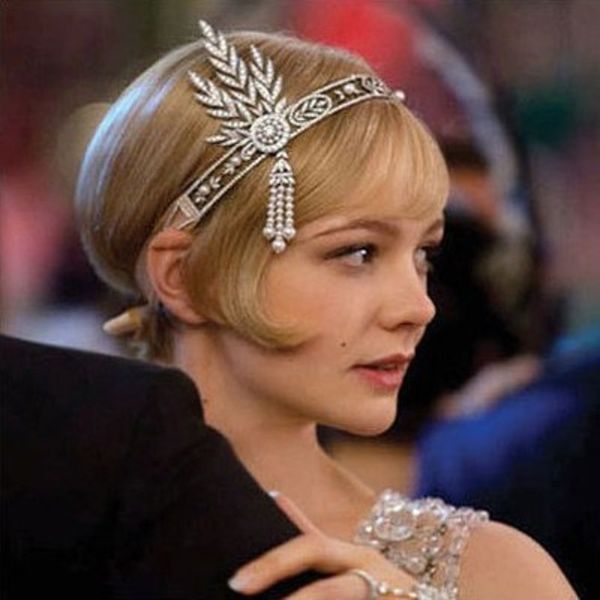 

the great gatsby headband bridal hair accessories pearl tassel leaf headpiece wedding head jewelry accessories crystal tiara hairband, Slivery;golden