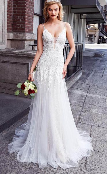 

bohemian wedding dresses 2019 sheath plunging v neck lace applique backless tulle bioho bridal gowns formal dress, White