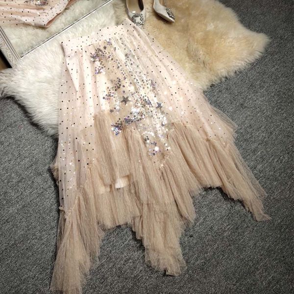 

new irregular half length skirt female spring and summer 2019 flash apricot chiffon mesh long fairy skirt, Black