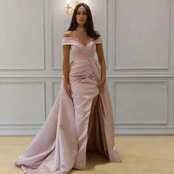 

graceful pink mermaid evening dresses with detachable train off shoulder side split long prom gown arabic weomen formal gown, Black;red
