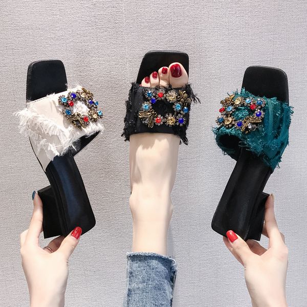 

slippers open thick square heel toe female colorful crystal galdiator shoes summer woman luxury slides 2021, Black