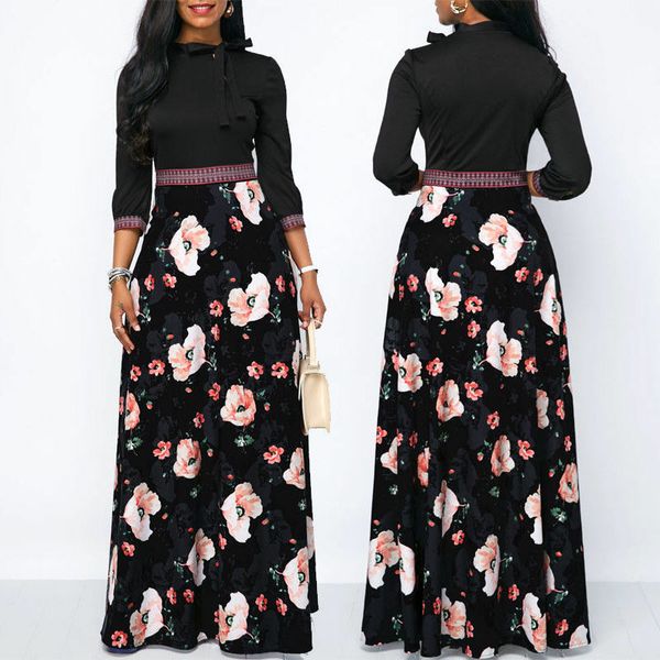 

горячие элегантные платья женщин boho цветочные длинным рукавом длинные платья макси дамы вскользь весна тонкий бальные платья размер s  l, Black;gray