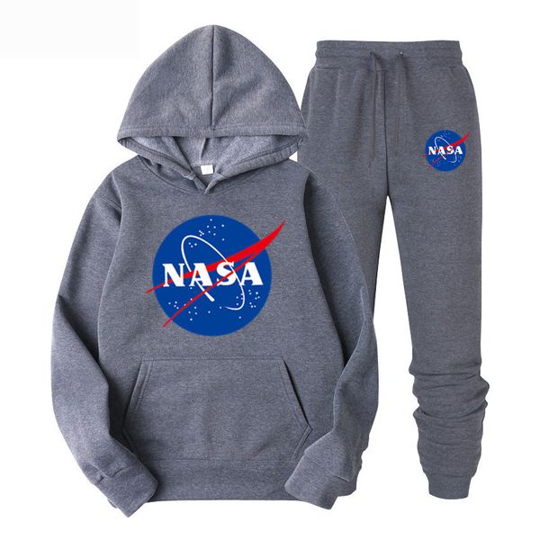 

3251 new letter printing nasa hip hop tracksuits winter fleece men and women casual pocket hooded sweater suit, Gray