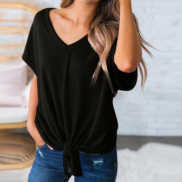 

2020 womens and blouses casuasl solid v-neck short sleeve bandage loose tee blouse blusas, White