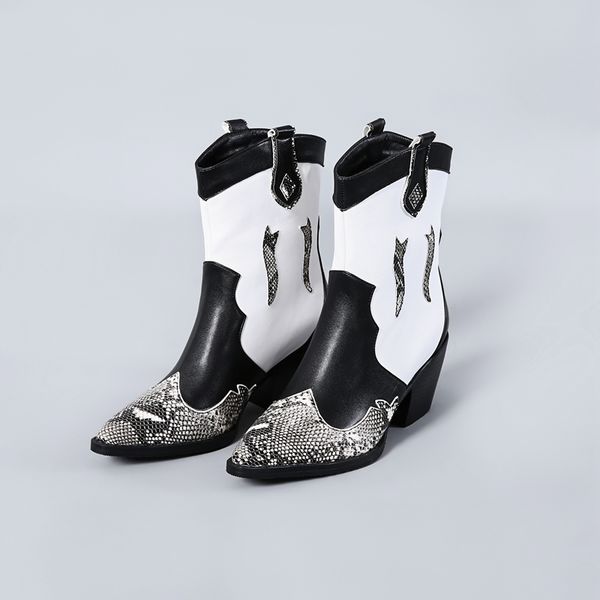 

snake skin pu western boots women cowboy ankle boot female high heels shoes ladies pointed toe shoes women winter big size 45, Black